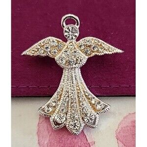 Vintage Guardian Angel Clear Rhinestones Gold Tone Lapel Pin Religious Jewelry